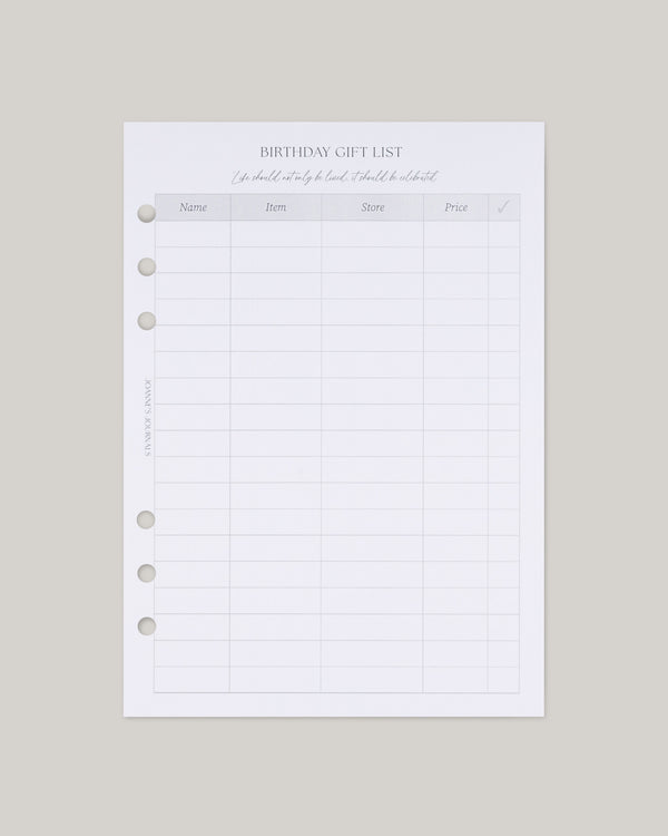 Birthday Gift List