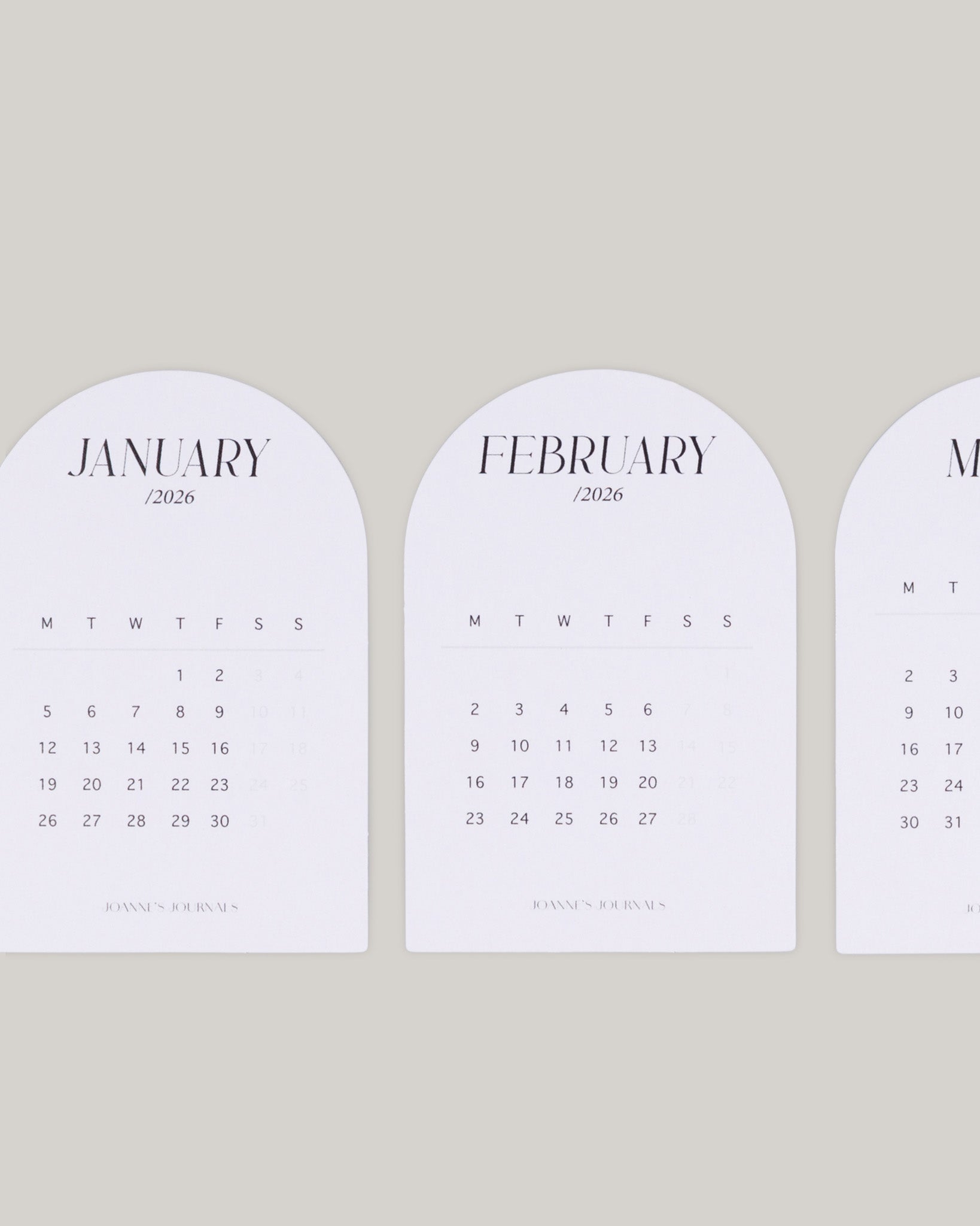 2026 Monthly Calendar Cards